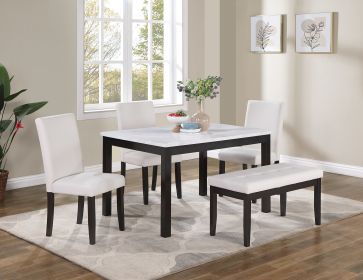 Classic Stylish 5pc Dining Set Kitchen Dinette Faux Marble Top Table Bench and 3x Chairs White Faux Leather Cushions Seats Dining Room