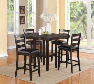 Rustic Farmhouse Transitional 5-Pc Counter Height Dining Set Square Table Wood Top Bottom Display Shelf Faux Leather Upholstery Chair Wooden Dining Ro