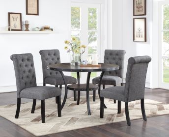 Modern Classic Dining Room Furniture Natural Wood Round Dining Table 4x Side Chairs Charcoal Fabric Tufted Roll Back Top Chair Storage Shelve 5pc Dini